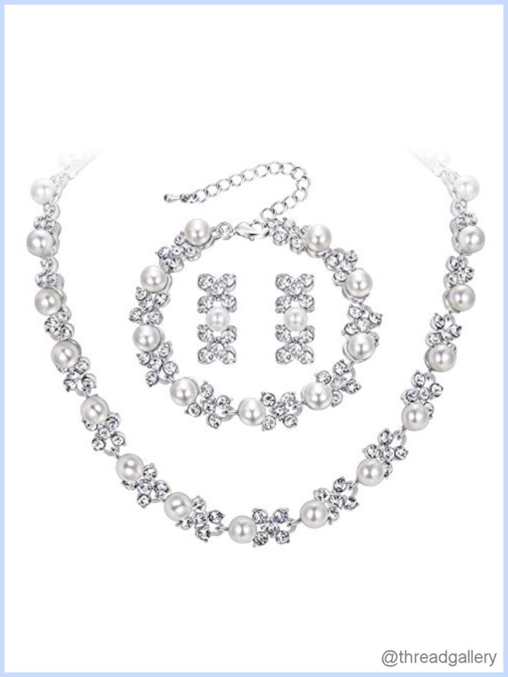 Simulated Pearl Crystal Flower Jewelry Set Necklace Bracelet Earrings